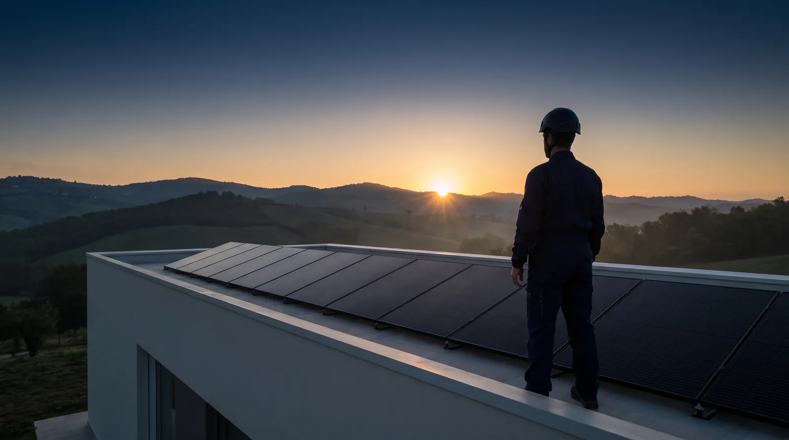 Un tecnico Solivo sul tetto all'alba, accanto ai pannelli, guarda le colline