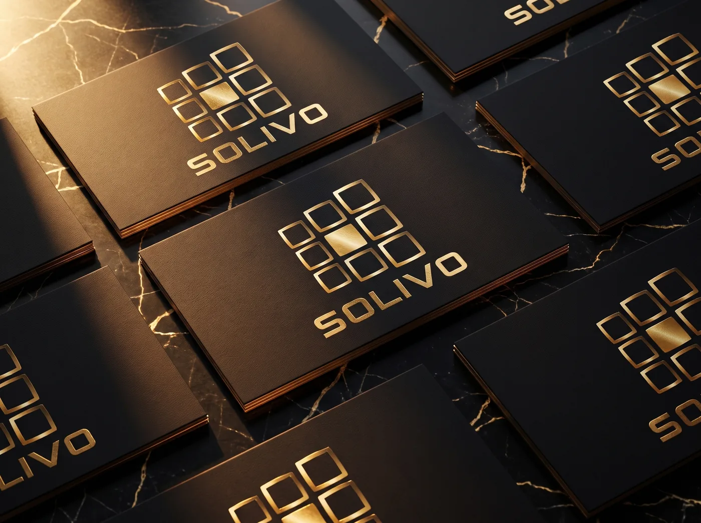 Biglietti da visita Solivo, lamina d'oro su carta nera