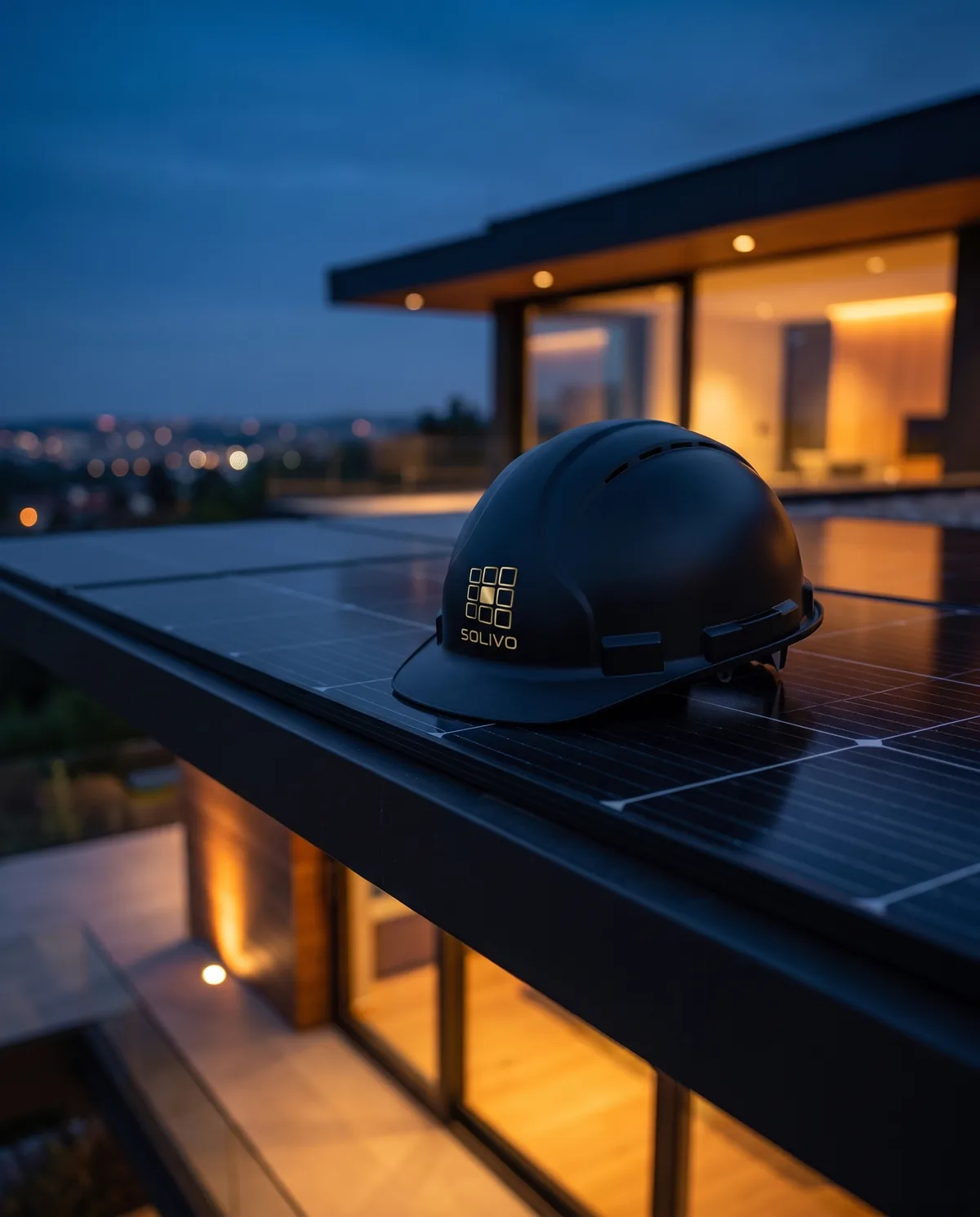 Caschetto da cantiere nero con il logo Solivo in oro, posato sui pannelli di un tetto al tramonto