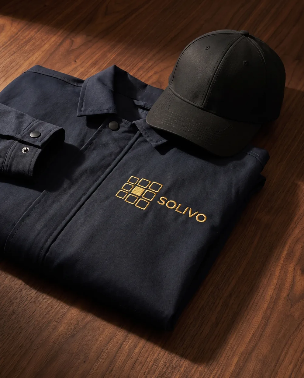 Giacca da lavoro blu notte e cappellino della squadra Solivo, logo ricamato in oro