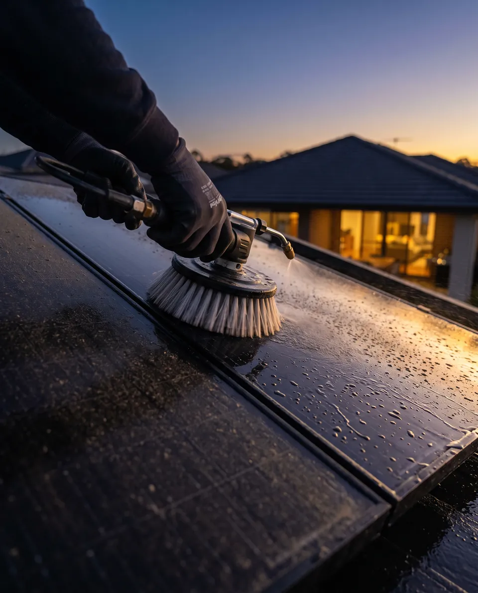 Pulizia di pannelli fotovoltaici neri al tramonto, gocce d'acqua nella luce dorata